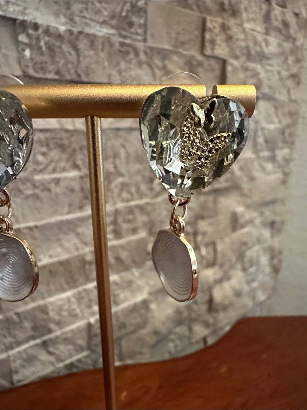 Fashion Jewelry Gold and Clear Heart Drop Earrings with Textured Discs